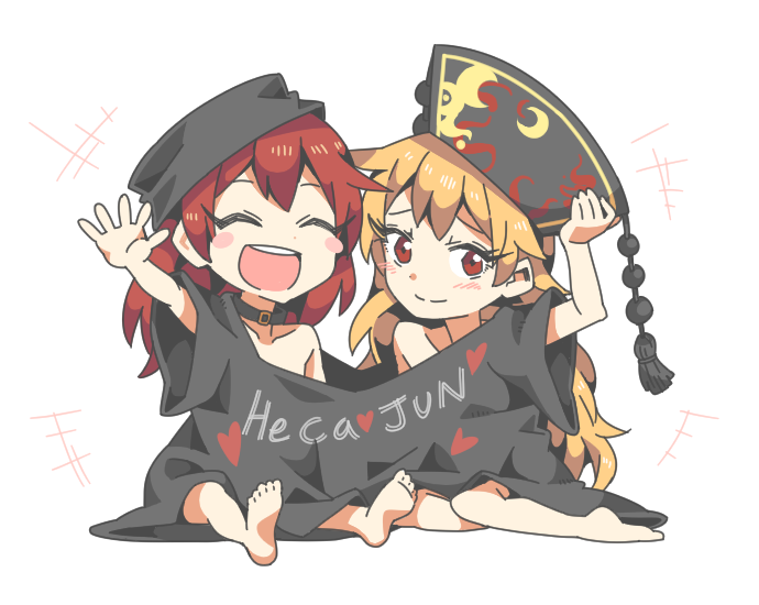 2girls bare_shoulders blonde_hair closed_eyes clothes_writing collar hat hecatia_lapislazuli junko_(touhou) long_hair multiple_girls open_mouth ori_(yellow_duckling) red_eyes redhead shared_clothes shirt smile t-shirt touhou younger