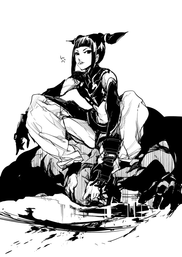 1boy 1girl bad_id baggy_pants barefoot blood blood_splatter capcom defeat detached_sleeves drill_hair fingerless_gloves foot_on_head gloves greyscale halter_top halterneck han_juri hattori_masahiko looking_at_viewer monochrome pants seth_(street_fighter) sitting sitting_on_person street_fighter street_fighter_iv super_street_fighter_iv toeless_socks toes tongue tongue_out twin_drills