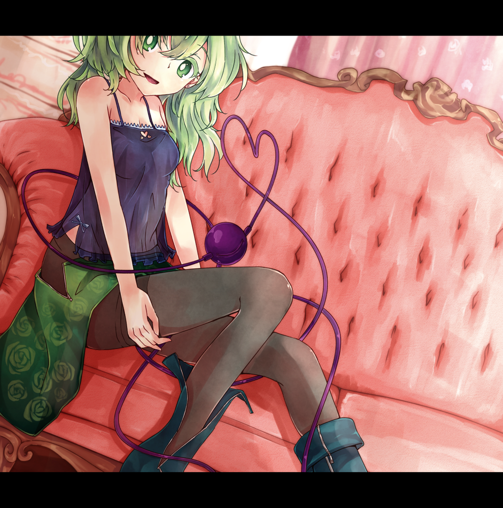 1girl bangs blue_boots boots border camisole colored_eyelashes couch dutch_angle eyeball floral_print green_eyes green_hair green_skirt grey_legwear heart heart_of_string karua_m komeiji_koishi letterboxed long_hair looking_at_viewer on_couch open_mouth pantyhose sitting skirt sleeveless smile solo spaghetti_strap string third_eye touhou underwear unzipped