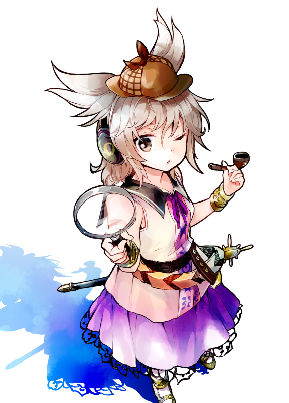 1girl belt bracelet brown_eyes deerstalker dress earmuffs hat jewelry light_brown_hair magnifying_glass makuwauri one_eye_closed pipe shadow simple_background sleeveless solo sword touhou toyosatomimi_no_miko weapon white_background