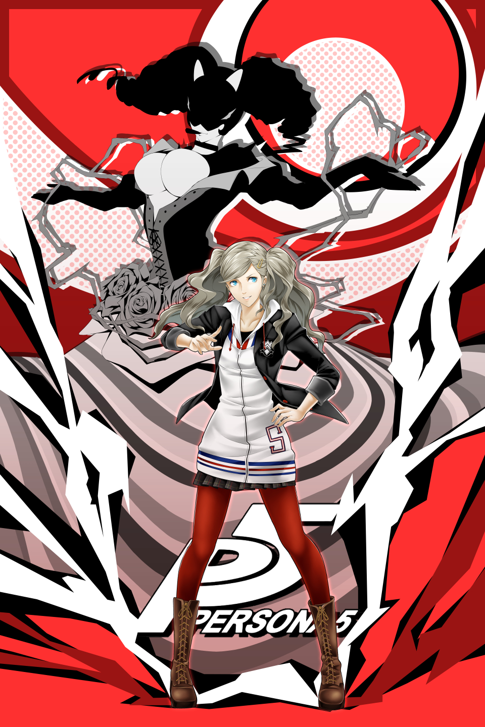 1girl arkatopia blonde_hair blue_eyes boots breasts brown_boots carmen_(persona_5) cigarette cross-laced_footwear earrings flower hair_ornament hairclip highres jewelry lace-up_boots pantyhose persona persona_5 red_background red_legwear rose school_uniform skirt takamaki_ann twintails