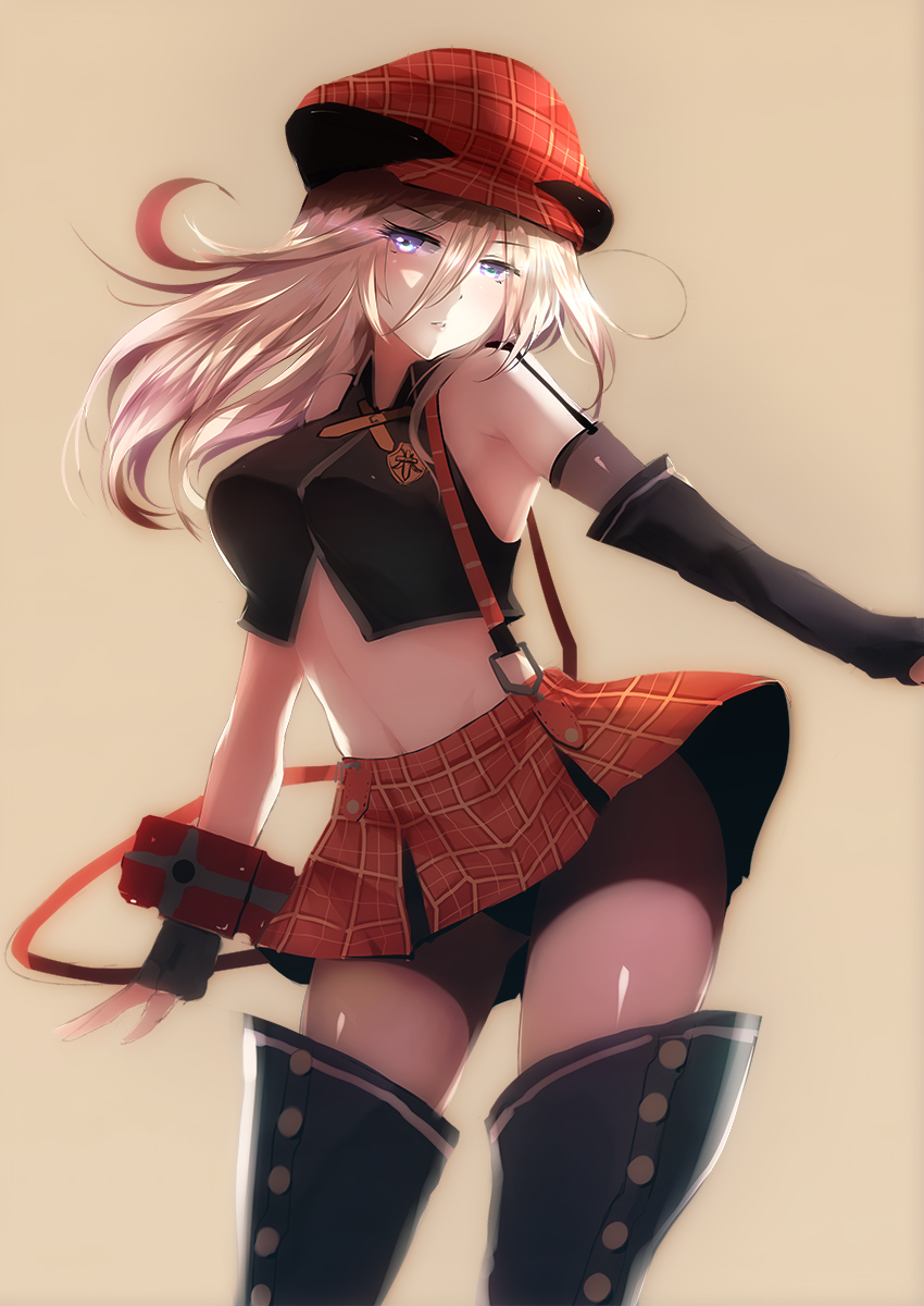 1girl alisa_ilinichina_amiella bba1985 black_boots black_legwear blue_eyes boots checkered checkered_skirt crop_top emblem fingerless_gloves gloves god_eater highres midriff navel pantyhose parted_lips simple_background skirt solo suspender_skirt suspenders thigh-highs thigh_boots wrist_cuffs yellow_background