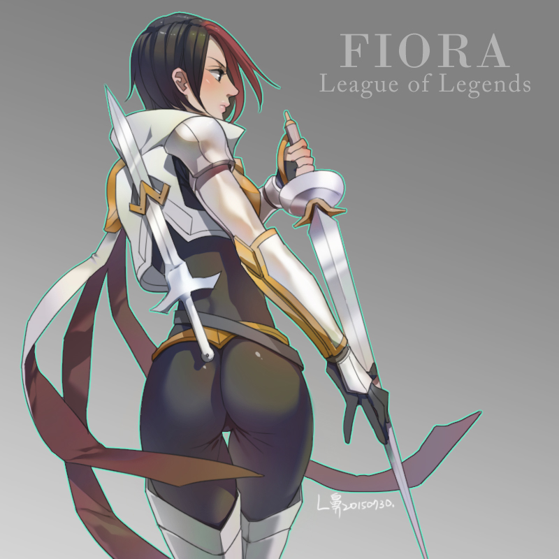 1girl ass belt black_hair boots character_name copyright_name fiora_laurent from_behind gloves l102016695 league_of_legends profile short_hair solo sword thigh-highs thigh_boots weapon white_boots white_legwear