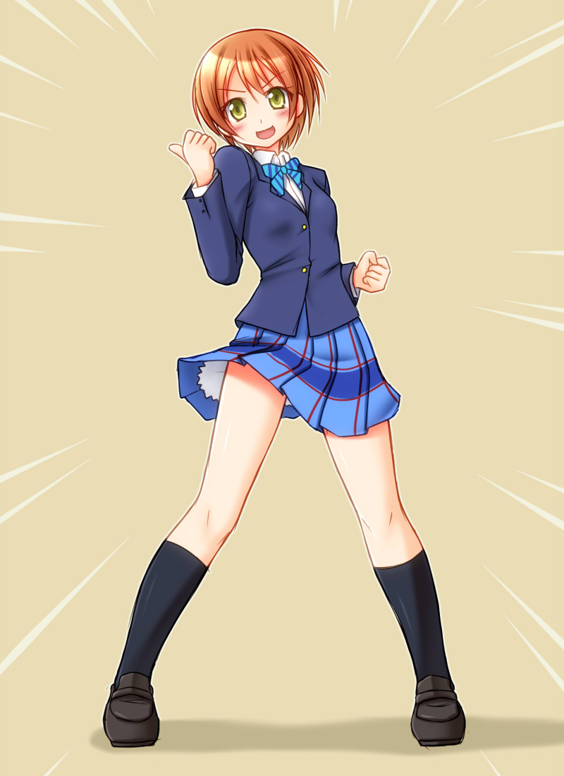 1girl hoshizora_rin looking_at_viewer love_live!_school_idol_project open_mouth orange_hair short_hair simple_background skirt smile solo utomo