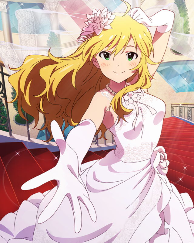 1girl ahoge artist_request blonde_hair blush dress gloves green_eyes hair_ornament hand_on_own_head hoshii_miki idolmaster idolmaster_million_live! looking_at_viewer official_art outstretched_hand pose smile wedding_dress white_dress