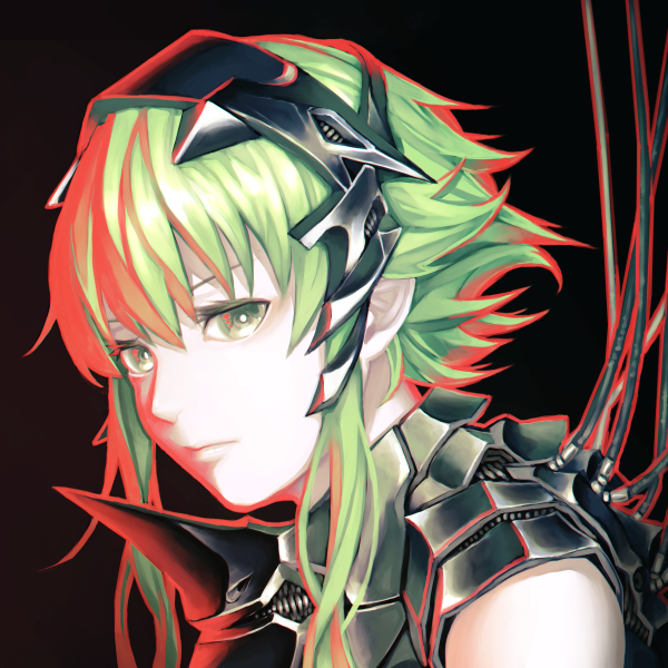 1girl armor bangs black_background cable closed_mouth face green_eyes green_hair gumi headgear looking_at_viewer mstm short_hair sidelocks simple_background solo vocaloid