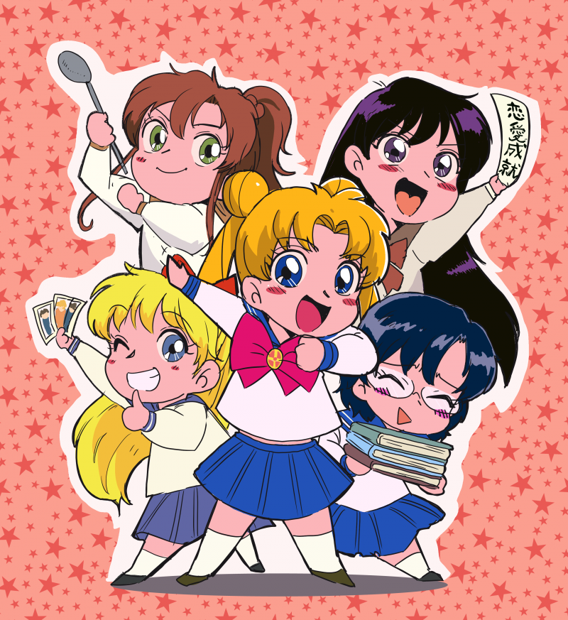 &gt;:) aino_minako bishoujo_senshi_sailor_moon blonde_hair blue_eyes blue_hair blush book bow brown_hair chibi closed_eyes double_bun glasses green_eyes grin hair_bow hino_rei kino_makoto mizuno_ami one_eye_closed photo_(object) pleated_skirt ponytail purple_hair school_uniform serafuku short_hair skirt smile star starry_background thumbs_up translation_request triangle_mouth tsubobot tsukino_usagi twintails violet_eyes