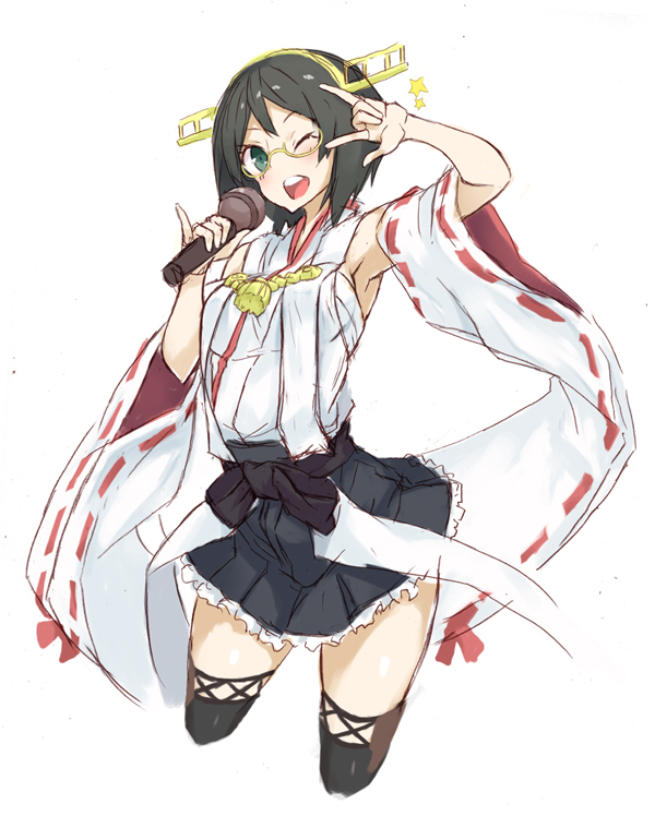 1girl \m/ bare_shoulders black_hair blush boots detached_sleeves glasses goekawa green_eyes hairband headgear japanese_clothes kantai_collection kirishima_(kantai_collection) microphone no_legwear nontraditional_miko one_eye_closed open_mouth short_hair skirt smile solo thigh-highs thigh_boots wide_sleeves