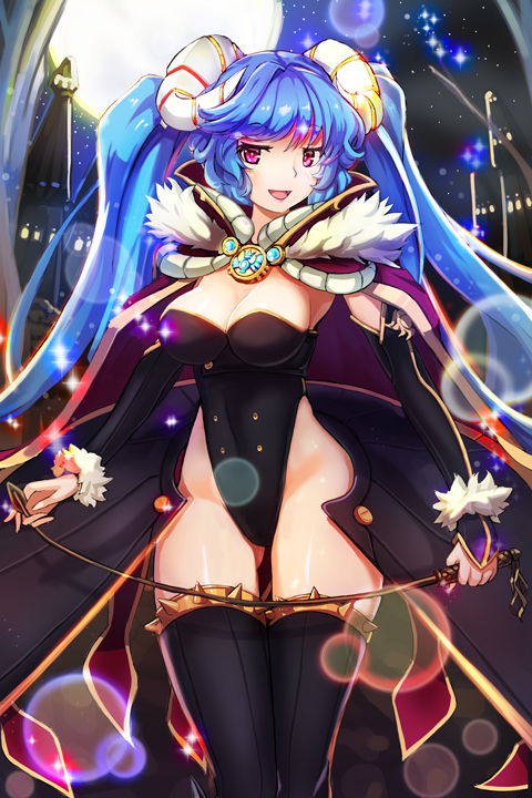 1girl black_legwear blue_hair breasts btraphen cleavage horns long_hair looking_at_viewer open_mouth red_eyes smile solo thigh-highs