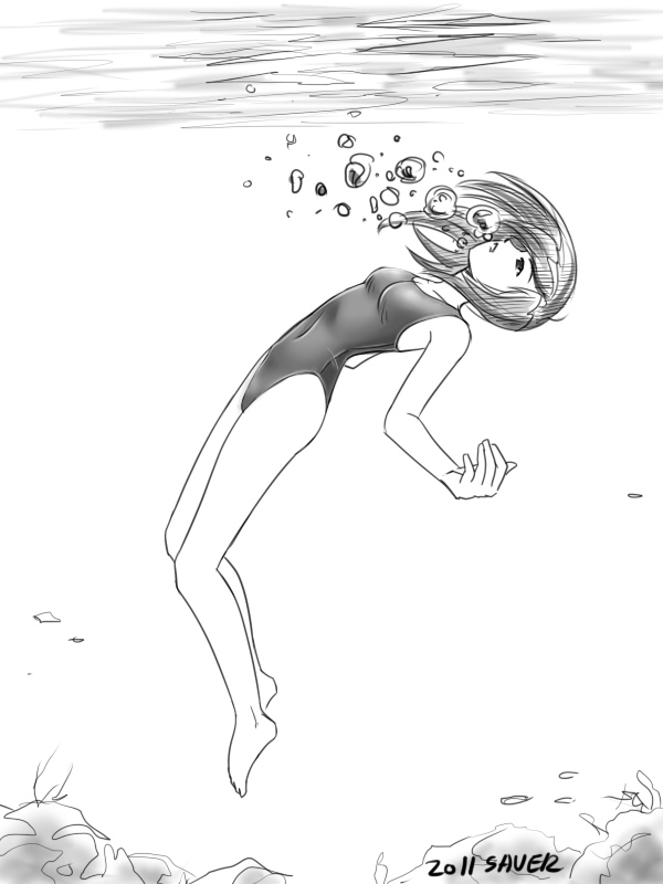 1girl air_bubble barefoot breath bubble bubble_blowing competition_swimsuit diving freediving holding_breath long_hair monochrome one-piece_swimsuit original saver_(artbysaver) sketch swimming swimsuit underwater