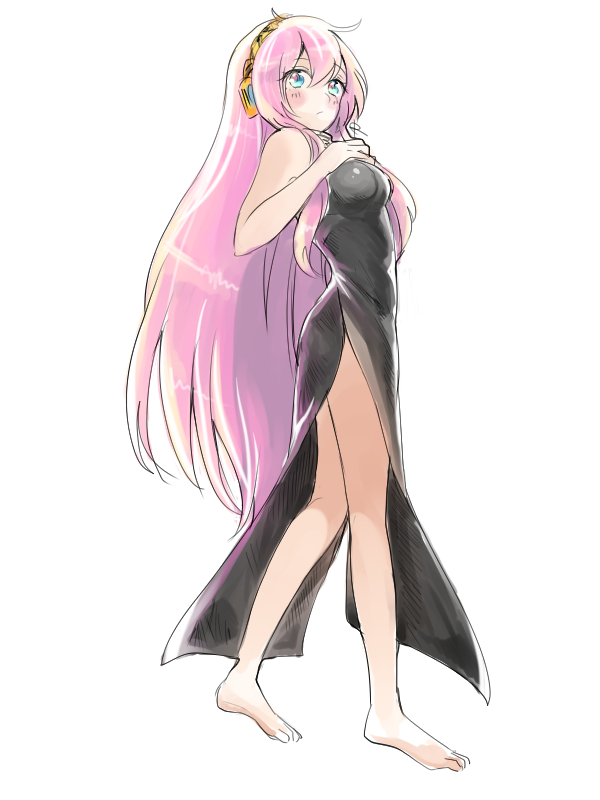 1girl bare_arms barefoot black_dress blue_eyes breasts dress hand_on_own_chest headphones large_breasts long_hair looking_at_viewer megurine_luka pink_hair rosette_(roze-ko) side_slit sleeveless sleeveless_dress solo standing very_long_hair vocaloid