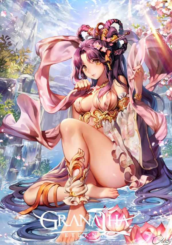 1girl ankle_wraps anklet barefoot breasts caesty center_opening copyright_name feet flower granatha_eternal green_eyes hagoromo hair_flower hair_ornament hair_rings jewelry long_hair purple_hair ring shawl sitting solo toes water