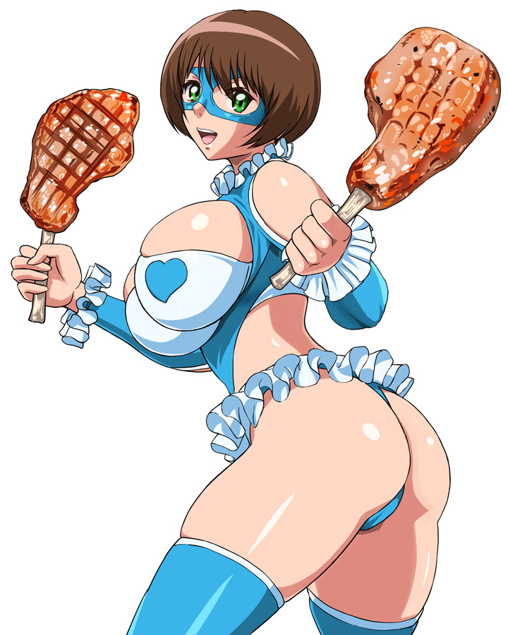 1girl ass bare_shoulders blue_legwear breasts brown_eyes food green_eyes large_breasts looking_at_viewer mask meat rainbow_mika rainbow_mika_(cosplay) shopyun short_hair simple_background smile solo street_fighter thigh-highs thighs tokimeki_memorial tokimeki_memorial_4 white_background yanagi_fumiko