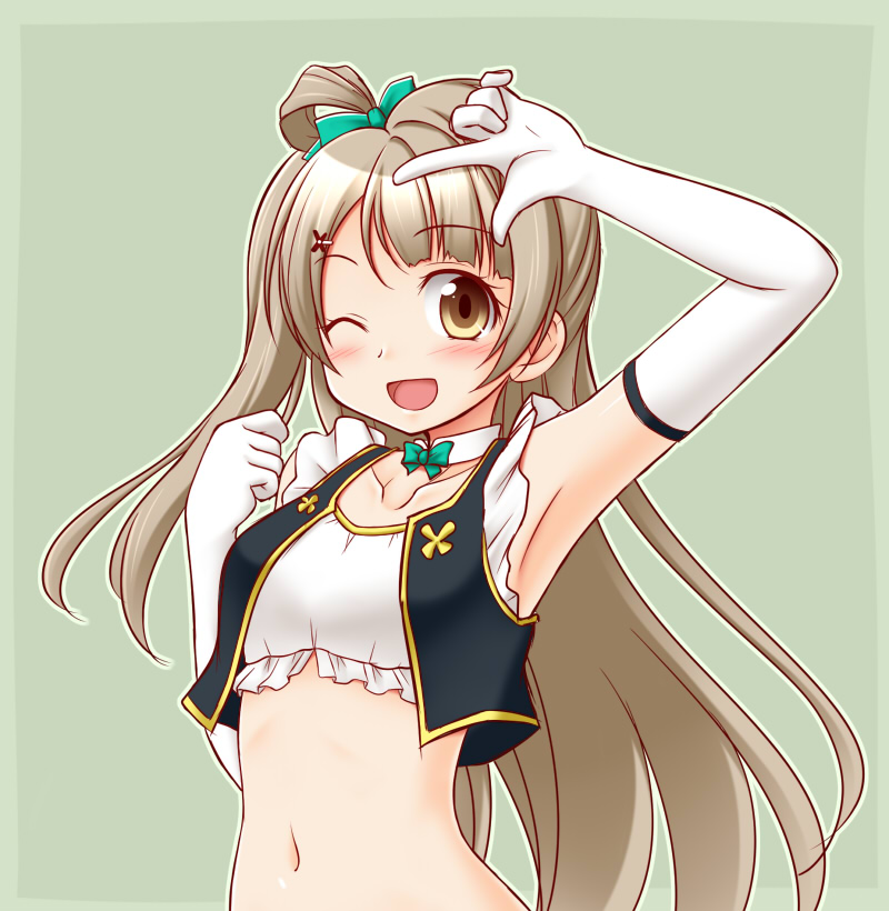 1girl ;d armpits blush brown_eyes brown_hair elbow_gloves gloves long_hair looking_at_viewer love_live!_school_idol_project minami_kotori navel no_brand_girls one_eye_closed open_mouth simple_background smile solo utomo