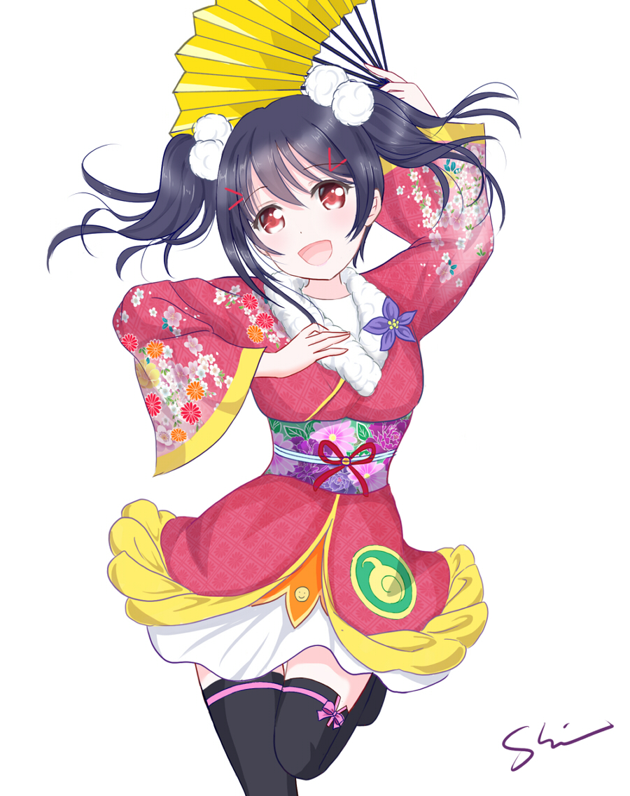 1girl :d angelic_angel arm_up black_hair bow fan flower flower_ornament hair_bow hair_ornament hairclip japanese_clothes kimono long_sleeves looking_at_viewer love_live!_school_idol_project open_mouth red_eyes ribbon shino_(shinderera) short_hair short_kimono signature simple_background skirt smile solo thigh-highs twintails white_background yazawa_nico yukata zettai_ryouiki