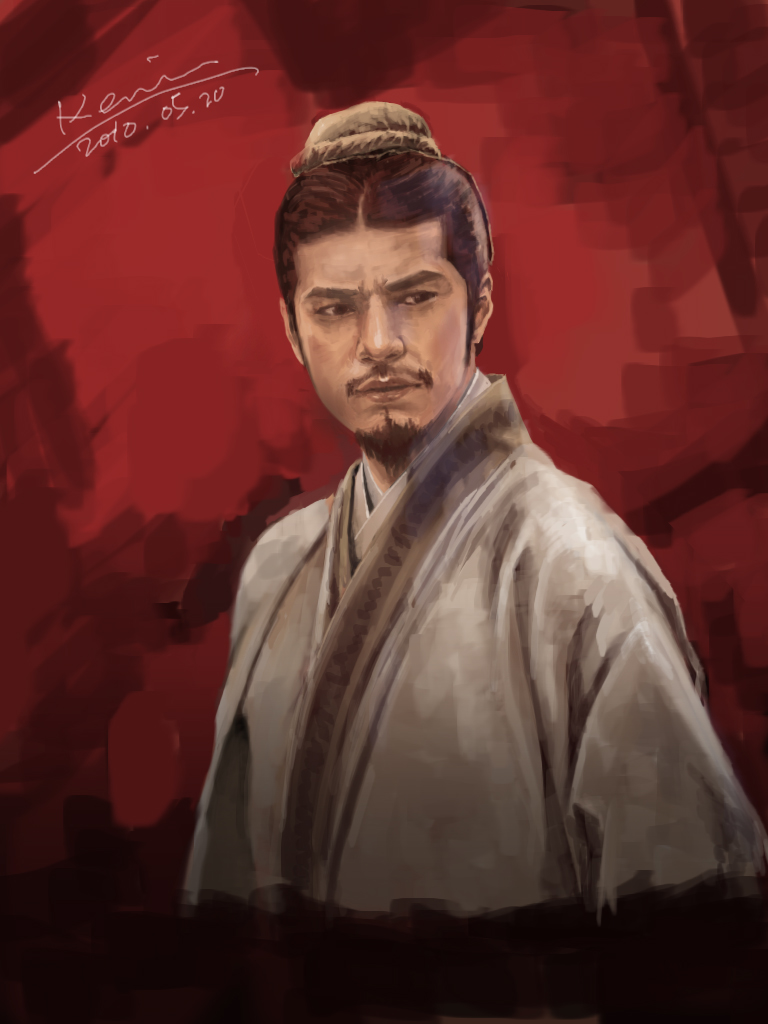 1boy black_hair chinese_clothes dated facial_hair goatee kaneshiro_takeshi kenin looking_away male_focus mustache real_life realistic red_cliff romance_of_the_three_kingdoms signature solo upper_body zhuge_liang