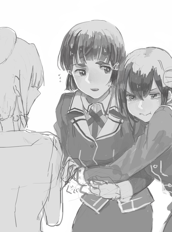 3girls bangs beret blunt_bangs commentary_request flying_sweatdrops gloves greyscale haguro_(kantai_collection) hair_between_eyes hair_ornament hairclip hat hug kantai_collection kawaoka_(tsuchinokome) monochrome multiple_girls myoukou_(kantai_collection) open_mouth puffed_cheeks short_hair sketch sweat takao_(kantai_collection) tears uniform white_background