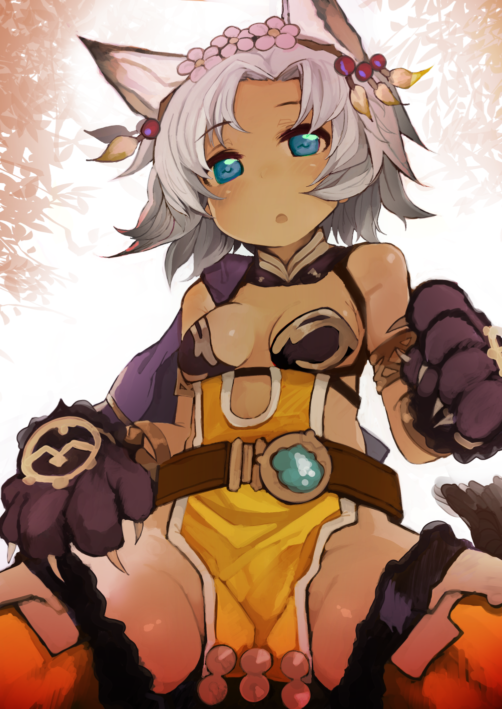 1girl :o animal_ears bare_shoulders blue_eyes blush breasts cat_ears cat_paws claws cleavage dark_skin dress feathers flower granblue_fantasy grey_hair hair_flower hair_ornament hairband highres izuoku looking_at_viewer melleau no_panties open_mouth paws pelvic_curtain short_hair side_slit sitting solo thigh-highs yellow_legwear