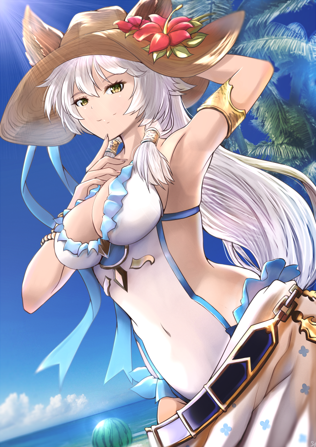 1girl alternate_costume animal_ears arm_behind_head beach braid breasts cat_ears covered_navel dutch_angle erun_(granblue_fantasy) finger_to_mouth flower food fruit granblue_fantasy hair_between_eyes hair_intakes hat hat_flower heles holding holding_hat large_breasts long_hair looking_at_viewer marusan ocean one-piece_swimsuit outdoors palm_tree sarong sideboob silver_hair single_braid smile straw_hat swimsuit tree upper_body very_long_hair watermelon white_swimsuit yellow_eyes