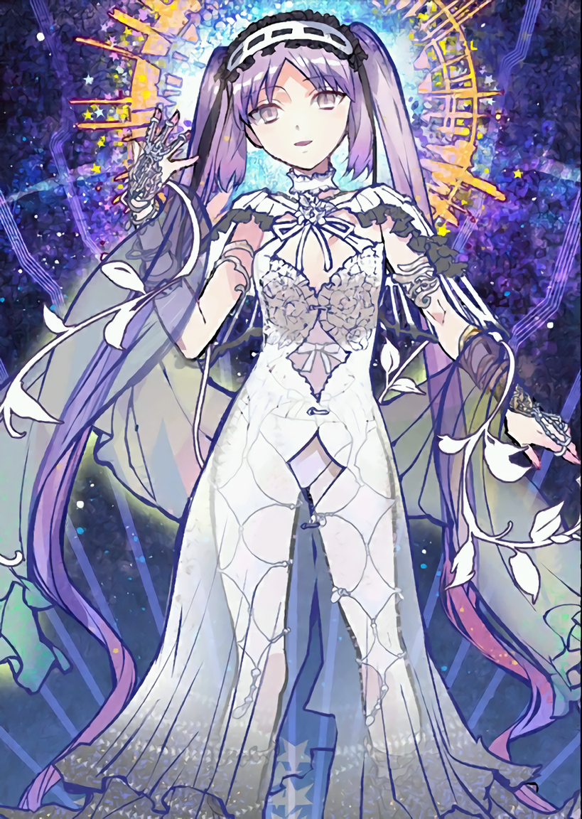 1girl absurdly_long_hair artist_request dress fate/grand_order fate_(series) long_hair looking_at_viewer official_art open_mouth pink_eyes purple_hair see-through solo stheno strapless_dress twintails upscaled very_long_hair waifu2x white_dress