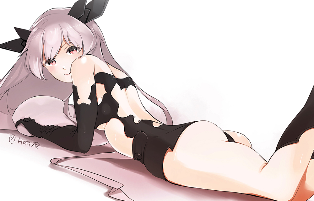 1girl anchorage_hime ass back bare_shoulders black_dress breasts cowboy_shot dress elbow_gloves from_side gloves hachimitsu_(hati718) kantai_collection legs_up long_hair looking_at_viewer looking_to_the_side lying on_stomach pink_eyes shinkaisei-kan simple_background smile solo strapless_dress twitter_username very_long_hair white_background white_hair