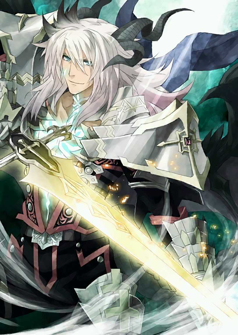 1boy aqua_eyes artist_request balmung_(fate/apocrypha) fate/grand_order fate_(series) holding_sword holding_weapon long_hair magic official_art saber_of_black silver_hair solo spaulders sword upscaled waifu2x weapon
