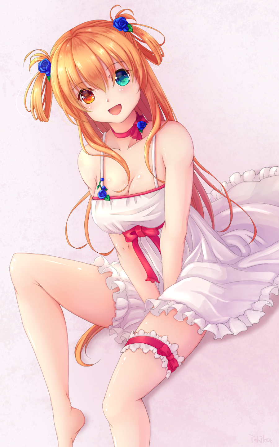 1girl bare_legs bare_shoulders barefoot blush breasts brown_hair cleavage dress frills green_eyes hair_bobbles hair_ornament hair_rings heterochromia highres ichika_5259 long_hair looking_at_viewer neck_ribbon open_mouth original red_eyes ribbon sitting smile solo thigh_strap two_side_up v_arms white_dress