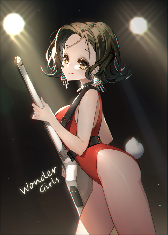1girl brown_eyes brown_hair bunny_tail choker earrings electric_guitar guitar instrument jewelry original short_hair solo spotlight steinberger swimsuit tail whoisshe