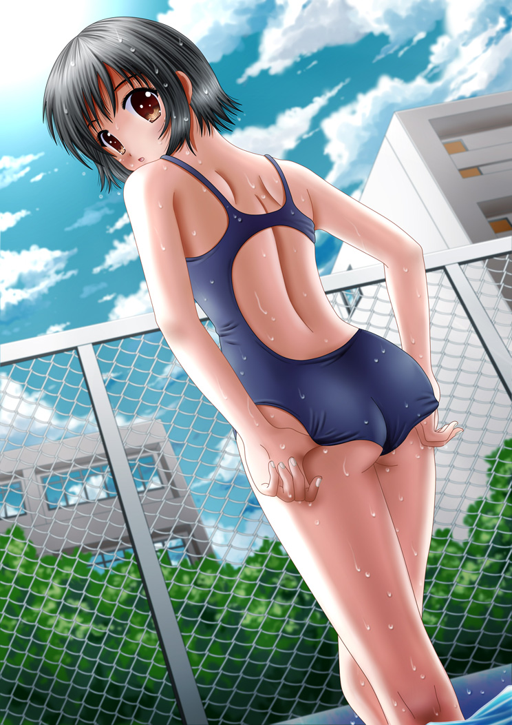 1girl :o adjusting_clothes adjusting_swimsuit ass back bare_arms bare_legs black_eyes brown_eyes building chain-link_fence fence ilolamai nail_polish one-piece_swimsuit original outdoors school_swimsuit solo swimsuit water wet