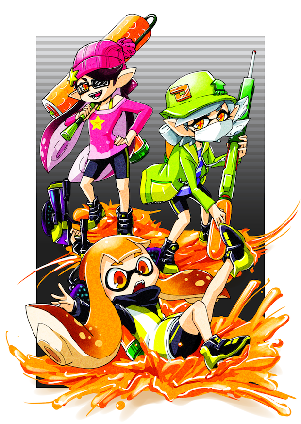 +_+ 3girls agent_3 aori_(splatoon) baseball_cap beanie bike_shorts brown_eyes commentary_request container domino_mask face_mask falling fangs grey_hair gun hand_on_hip hat hat_ornament hotaru_(splatoon) inkling jacket long_hair long_sleeves looking_at_viewer mask multiple_girls open_mouth orange_hair oversized_object paint_roller paint_splatter pointy_ears rifle sayoyonsayoyo shirt shoes short_hair single_vertical_stripe smile sniper_rifle splatoon squid standing star striped sunglasses tentacle_hair vest weapon