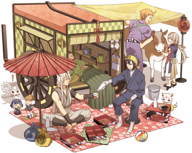 6+boys bandana black_hair blue_eyes bottle brown_hair bucket calendar chopsticks closed_eyes cow eating enemy_tantou food fox geta hair_over_one_eye hakama historical_revisionist ima-no-tsurugi indian_style ishikirimaru itou_(mogura) iwatooshi japanese_clothes kogitsunemaru konnosuke light_cavalry_(touken_ranbu) light_infantry_(touken_ranbu) lying male_focus mikazuki_munechika miniboy multiple_boys obentou on_back onigiri orange_hair oriental_umbrella pouring radio red_eyes sake_bottle sitting smile tengu-geta teruterubouzu toothbrush touken_ranbu tousou_(touken_ranbu) umbrella wagon wheels white_hair yagasuri