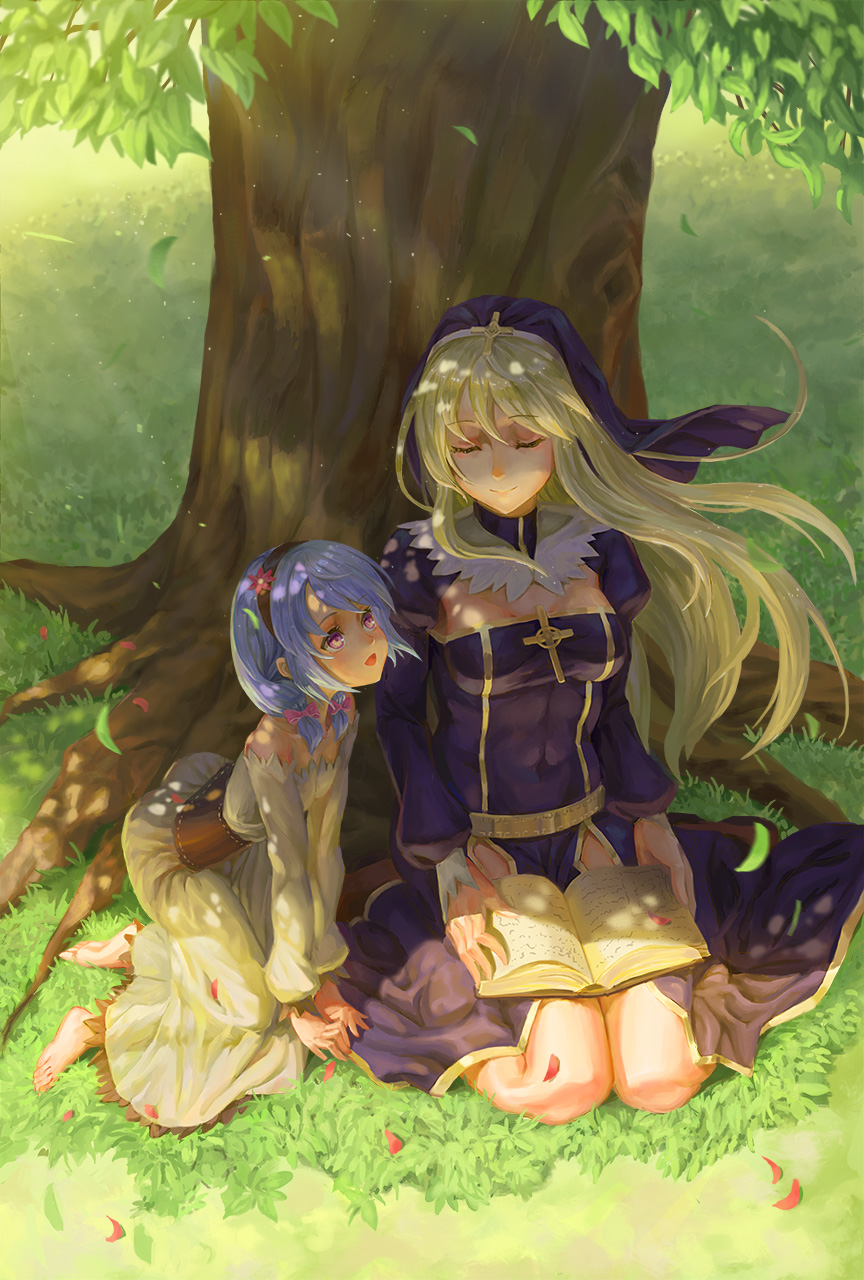 2girls age_difference bare_shoulders barefoot blonde_hair blue_hair book child closed_eyes dress ecens grass hairband highres long_hair multiple_girls original petals short_hair short_twintails smile tree twintails violet_eyes
