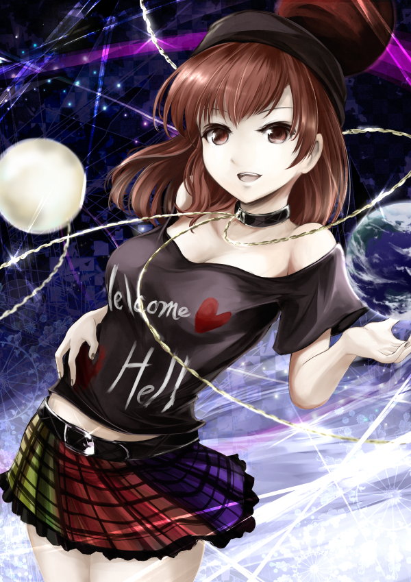 1girl bare_shoulders black_shirt blue_background breasts checkered checkered_background cleavage clothes_writing collar cowboy_shot earth_(ornament) gold_chain hand_on_own_stomach hand_up hat hecatia_lapislazuli kz_nagomiya midriff moon_(ornament) multicolored_skirt off-shoulder_shirt open_mouth patterned_background red_eyes redhead revision shirt short_hair smile solo space sparkle teeth thighs touhou