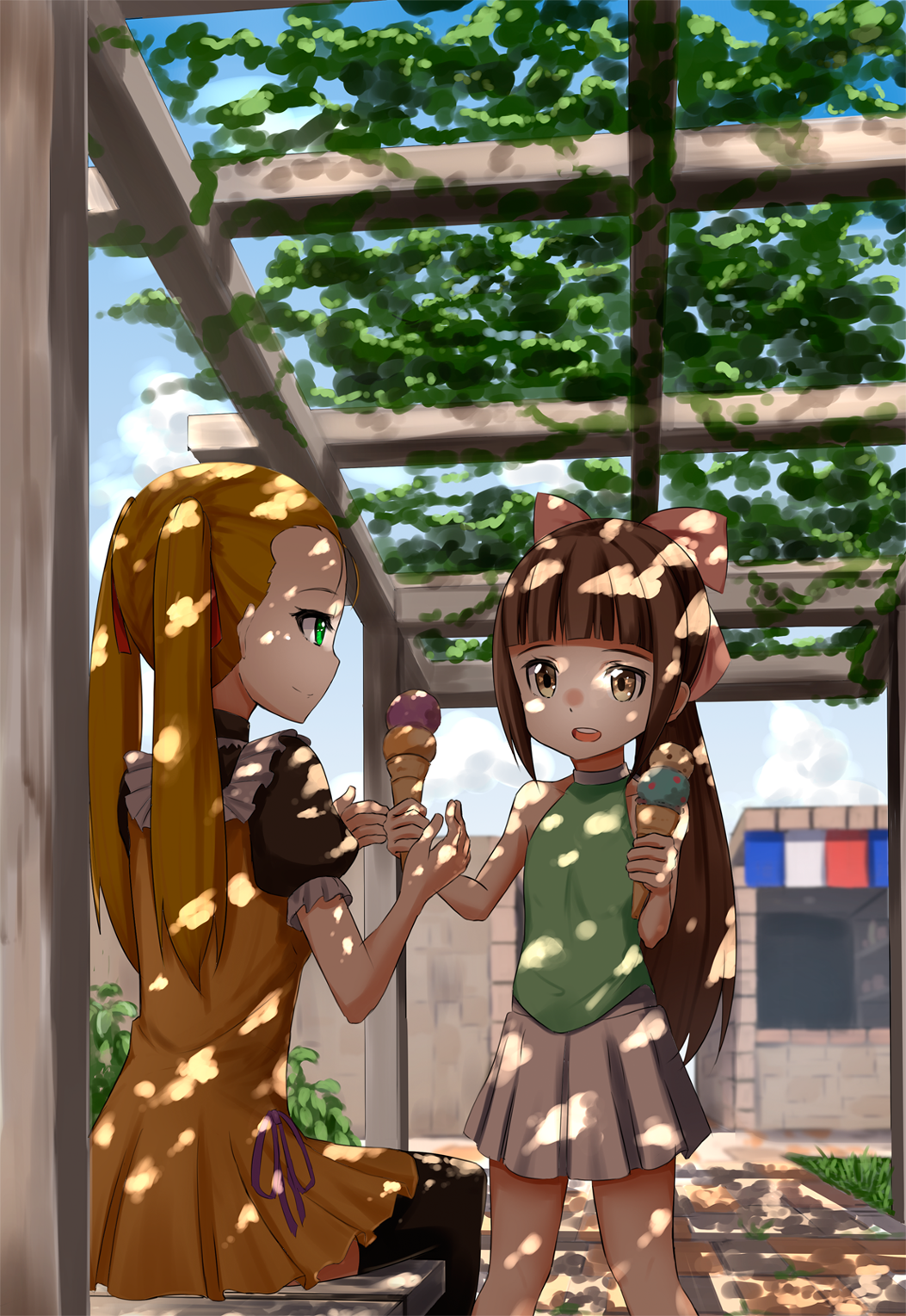 2girls ame. aoki_hagane_no_arpeggio bangs bare_shoulders black_legwear blonde_hair blunt_bangs bow brown_eyes brown_hair brown_skirt building dappled_sunlight double_scoop dress food green_eyes green_shirt hair_bow hair_ribbon haruna_(aoki_hagane_no_arpeggio) highres holding_food ice_cream ice_cream_cone ivy long_hair looking_at_another multiple_girls open_mouth osakabe_makie outdoors pavement pink_bow plant pleated_skirt ponytail puffy_short_sleeves puffy_sleeves ribbon shade shirt short_sleeves sitting skirt sleeveless sleeveless_shirt standing thigh-highs trellis twintails yellow_dress