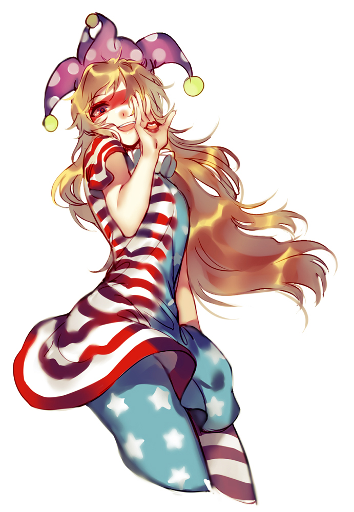 1girl american_flag_legwear american_flag_shirt blonde_hair clownpiece hair_over_one_eye hat hug_(artist) jester_cap long_hair looking_at_viewer makeup mask neck_ruff no_wings open_mouth pantyhose polka_dot_hat red_eyes red_lips round_teeth short_sleeves simple_background sketch smile solo star star_print striped striped_legwear teeth touhou very_long_hair white_background