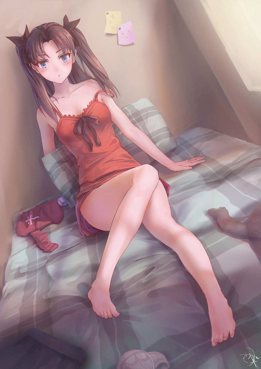 1girl babydoll bangs bare_legs barefoot bed blue_eyes blush bra bra_removed brown_hair camisole dutch_angle fate/stay_night fate_(series) feet full_body hair_ribbon head_tilt highres indoors jay_xu legs long_hair looking_at_viewer nightgown on_bed open_mouth paper plaid revision ribbon shirt_removed signature sitting skirt skirt_removed sleepwear solo strap_slip thighhighs_removed toosaka_rin triangle_mouth two_side_up underwear window