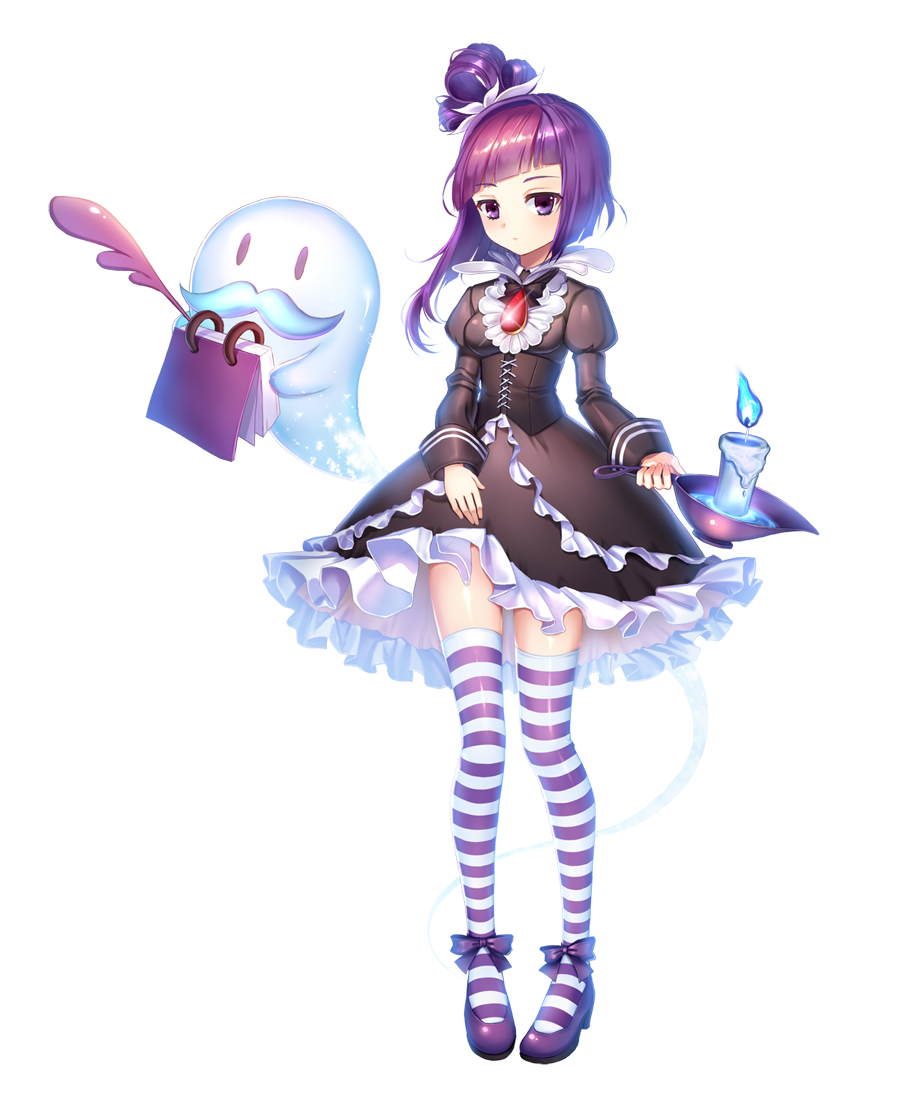 1girl asymmetrical_hair bangs black_dress blackberry_cookie blue_fire blunt_bangs blush bow brooch candle cookie_run dress facial_hair fire frilled_dress frills full_body ghost hair_rings jewelry lace-up lens_flare lolita_fashion long_sleeves mustache niki_lee notebook puffy_sleeves purple_bow purple_hair purple_shoes quill shoes short_hair simple_background solo striped striped_legwear thigh-highs violet_eyes white_background zettai_ryouiki