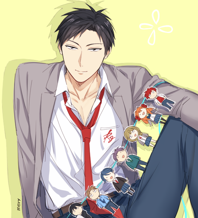 1boy artist_name black_hair blazer brown_eyes gekkan_shoujo_nozaki-kun hori_masayuki kashima_yuu mery_(apfl0515) mikoshiba_mikoto necktie nozaki_mayu nozaki_umetarou paper_doll sakura_chiyo school_uniform seo_yuzuki sitting smile wakamatsu_hirotaka