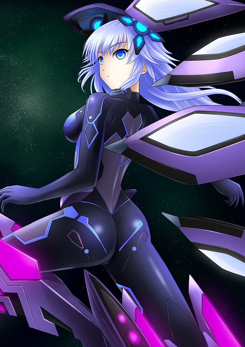 1girl ass bangs blue_eyes bodysuit breasts choujigen_game_neptune gatakk headgear highres long_hair looking_at_viewer neptune_(choujigen_game_neptune) neptune_(series) next_purple purple_hair purple_heart skin_tight solo symbol-shaped_pupils very_long_hair