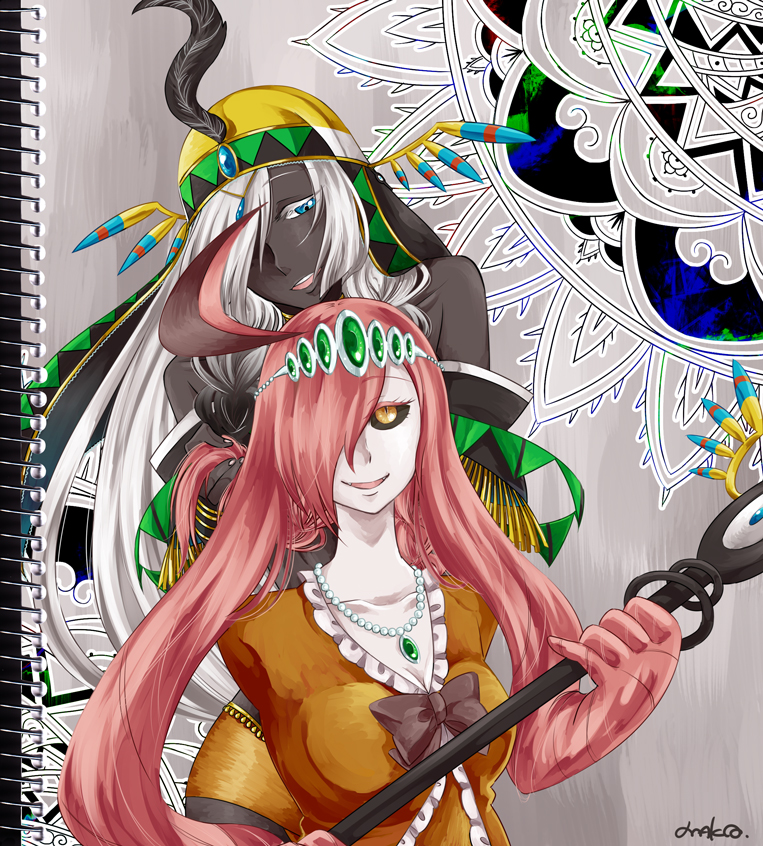 2girls armless bare_shoulders black_sclera dark_skin feathers gourgeist hat multiple_girls notebook one_eye_covered open_mouth personification pink_hair pokemon sigilyph signature staff tiara white_hair yellow_eyes yumeukihashi