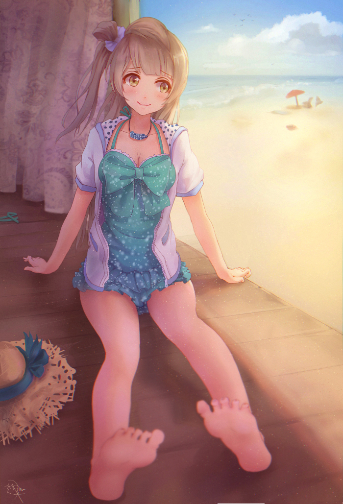 1girl barefoot brown_eyes brown_hair casual_one-piece_swimsuit jacket jay_xu long_hair love_live!_school_idol_project minami_kotori one-piece_swimsuit revision sitting swimsuit