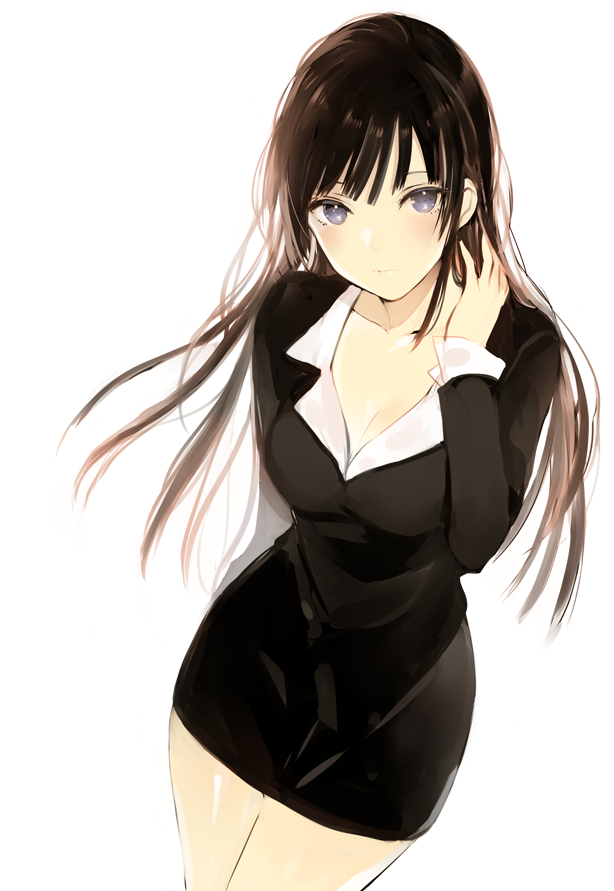 1girl adjusting_hair arm_behind_back black_eyes breasts brown_hair cleavage formal large_breasts looking_at_viewer lp_(hamasa00) original simple_background sketch skirt_suit solo suit