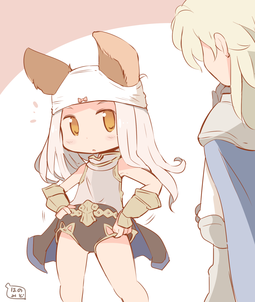1boy 1girl :o adjusting_clothes adjusting_swimsuit animal_ears armor bare_shoulders blonde_hair blush bow bow_panties cape cat_ears commentary_request cowboy_shot granblue_fantasy hanomido long_hair looking_at_another naoise object_on_head open_mouth orange_eyes panties panties_on_head pink_bow silver_hair skasaha_(granblue_fantasy) swimsuit underwear white_panties