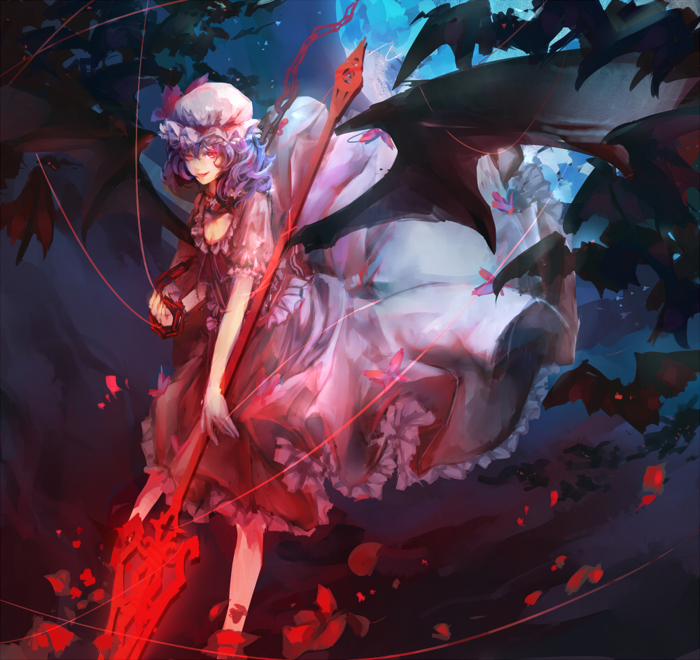 1girl :d bat blue_hair chain chong_(wjzcy6688) dress full_moon glowing glowing_eyes hat holding_weapon lance moon night open_mouth polearm puffy_short_sleeves puffy_sleeves red_eyes remilia_scarlet short_sleeves smile solo string touhou vampire weapon white_dress
