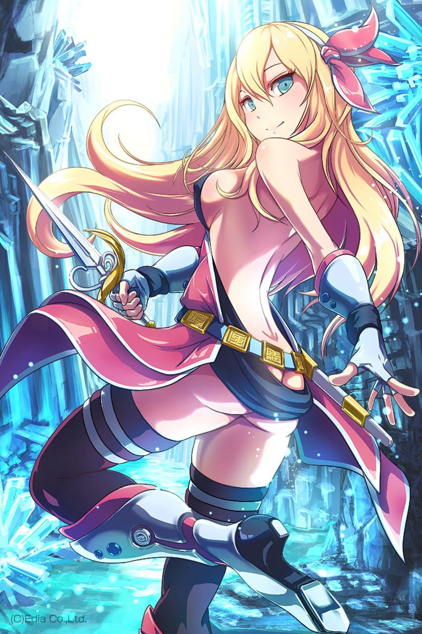 1girl armored_boots ass bare_back belt black_legwear blonde_hair blue_eyes breasts butt_crack fingerless_gloves gloves hairband highres long_hair looking_at_viewer looking_back loup no_bra no_panties original sideboob smile sword thigh-highs thigh_strap weapon