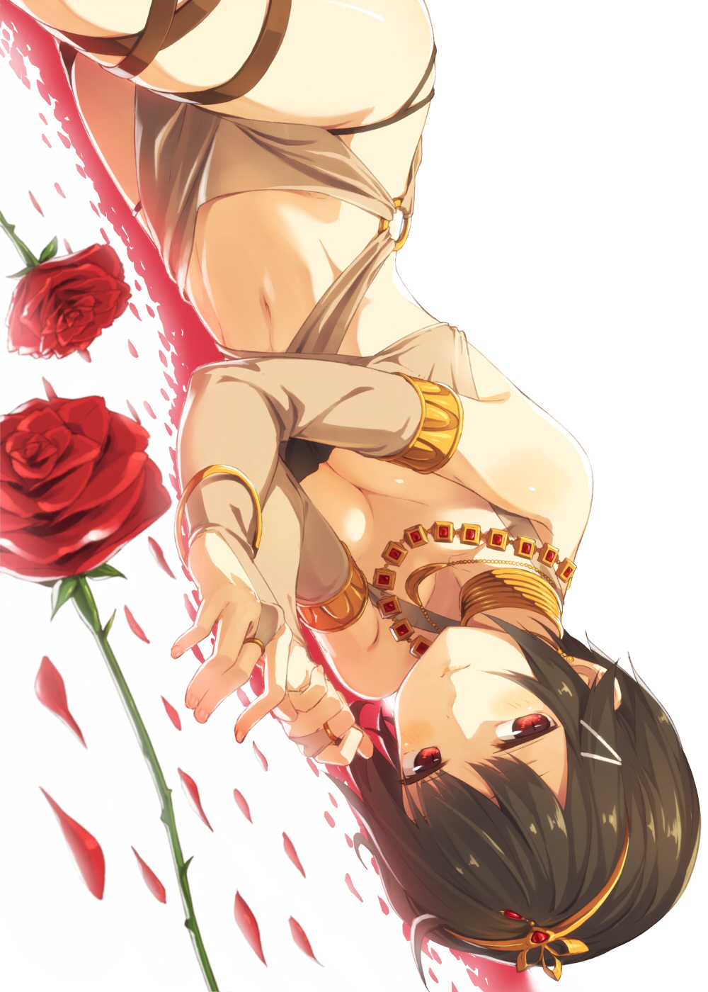1girl bracelet breast_squeeze breasts bridal_gauntlets brown_hair choker cleavage dutch_angle expressionless flower hair_ornament highres jewelry kinta_(distortion) looking_at_viewer lying midriff necklace o-ring on_side original petals red_eyes rose rose_petals short_hair upside-down