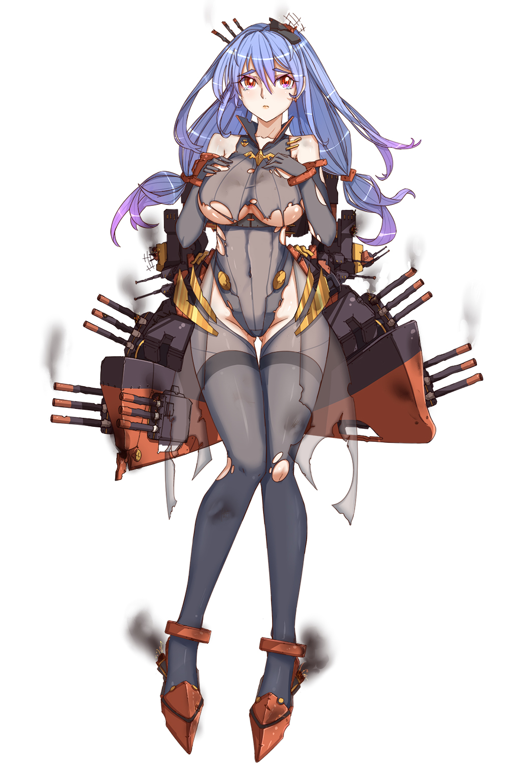 12cat 1girl aa_gun blue_hair breasts cannon damaged earrings elbow_gloves gloves grey_legwear hair_ornament helena_(zhan_jian_shao_nyu) highres jewelry large_breasts leotard lips machinery official_art radar red_eyes solo tears thigh-highs torn_clothes torn_leotard torn_thighhighs turret zhan_jian_shao_nyu