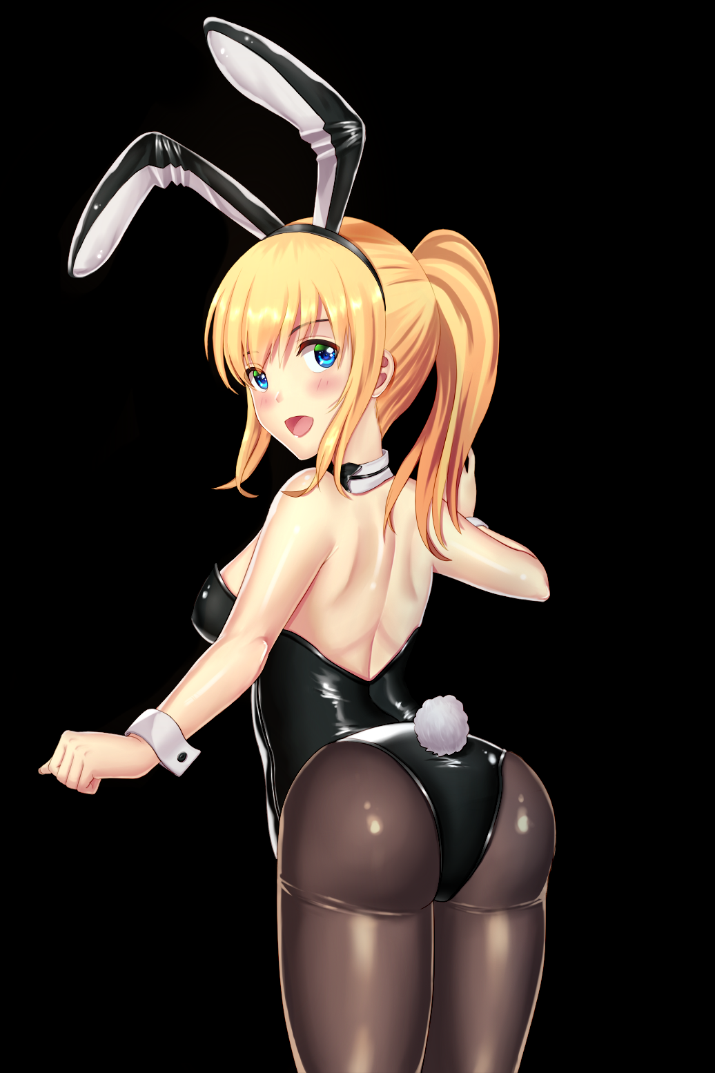 1girl animal_ears ass bowtie bunny_tail bunnysuit crow_(glhtca) detached_collar fate/grand_order fate/stay_night fate_(series) highres pantyhose ponytail rabbit_ears saber tail thigh-highs wrist_cuffs