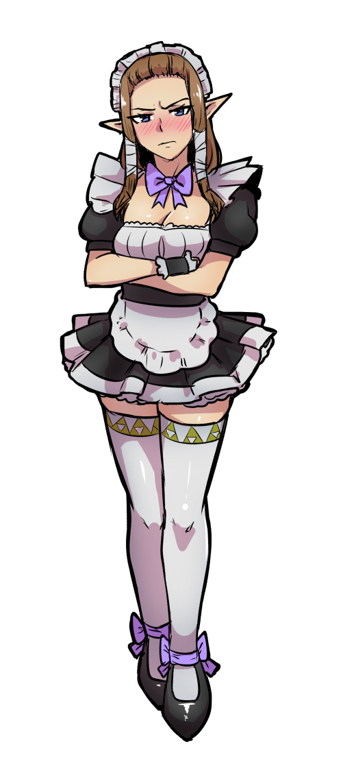 1girl akairiot alternate_costume annoyed apron blush bowtie brown_hair crossed_arms enmaided full_body long_hair maid maid_apron maid_headdress pointy_ears princess_zelda solo the_legend_of_zelda the_legend_of_zelda:_twilight_princess thigh-highs transparent_background triforce white_legwear wrist_cuffs zettai_ryouiki