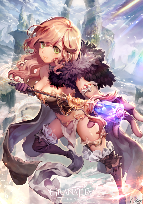 1girl blonde_hair boots breasts caesty choker cleavage copyright_name crystal fantasy gloves granatha_eternal lips loincloth long_hair smile solo staff thigh-highs thigh_boots